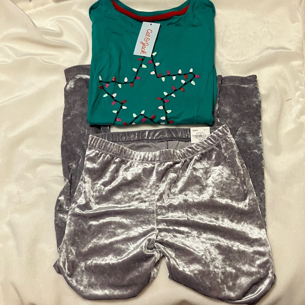 NWT Silver Velvet Capri Leggings + long sleeve cat and jack green tee girl 14
